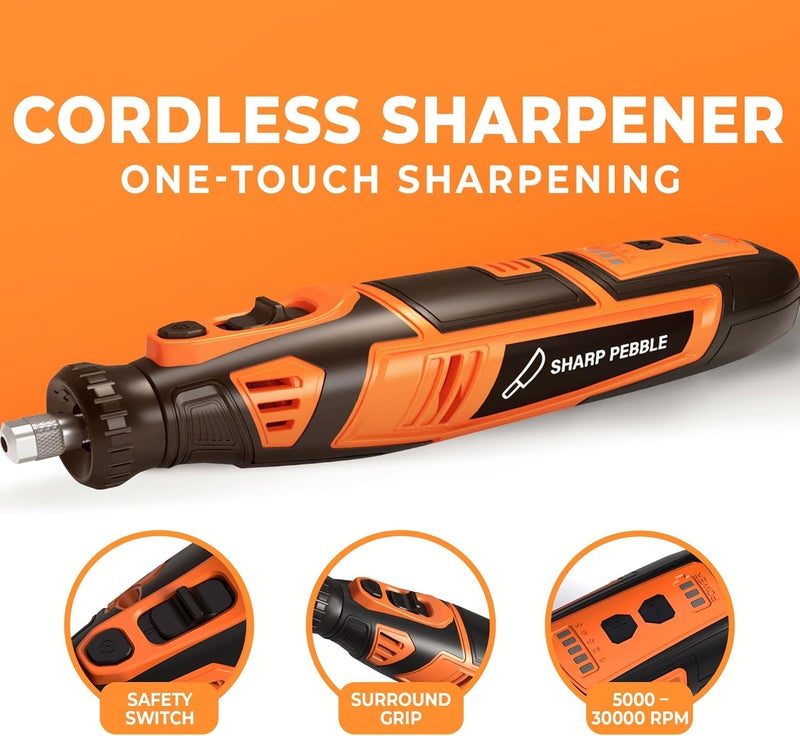 Sharp Pebble Electric Cordless Chainsaw Sharpener Kit - Comes with Chain Saw Sharpener Tool, 4 File Size Sharpening Wheels, Angle Attachment, Wrench & eBook - Image 3